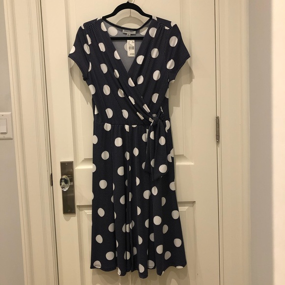 Navy Polka Dot Fit and Flare Faux Wrap Dress - Picture 2 of 7